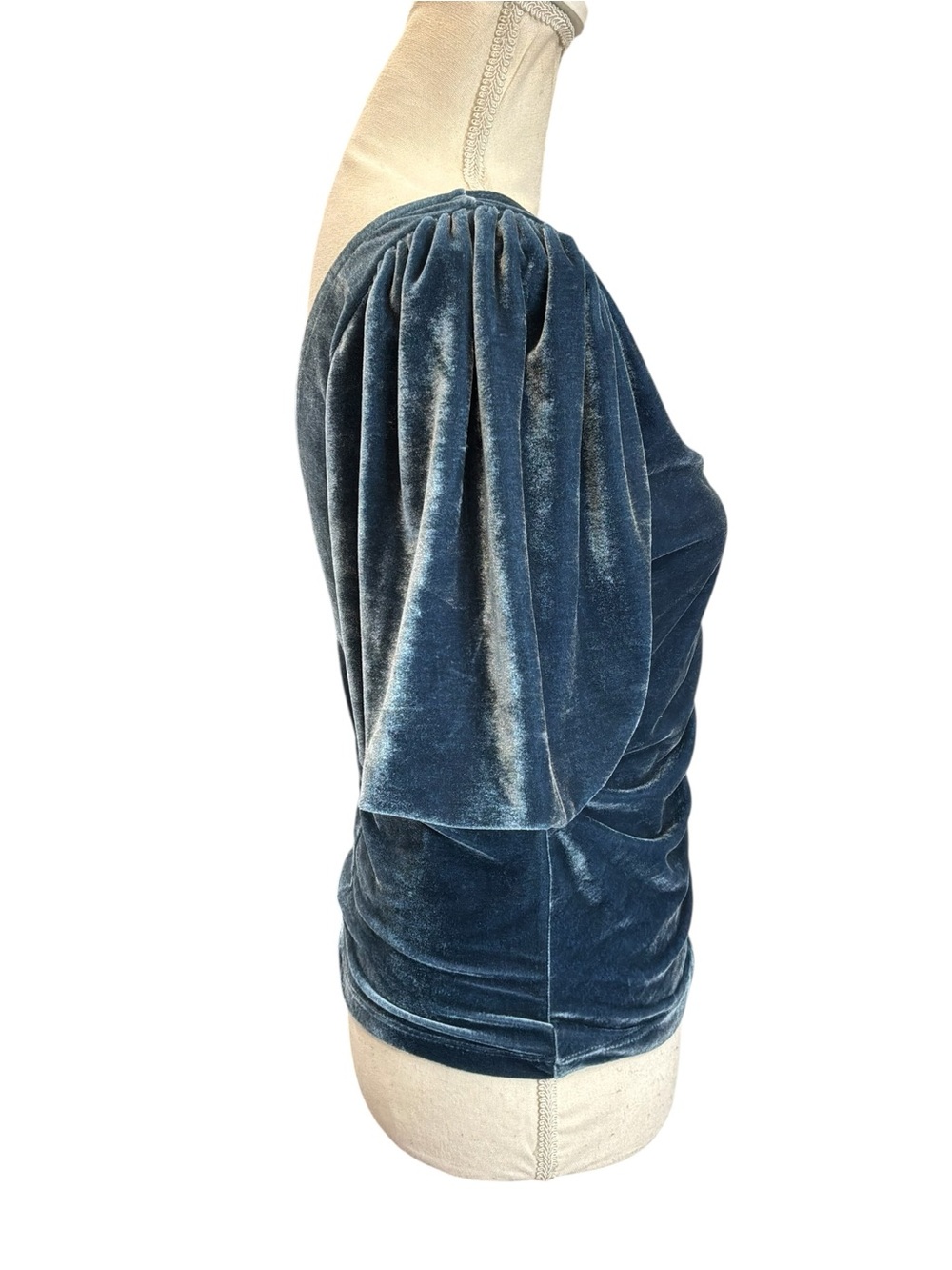 Free People Velvet Ruched Puff Sleeve V-Neck Top Blue Gray Small NWT - Picture 3 of 11